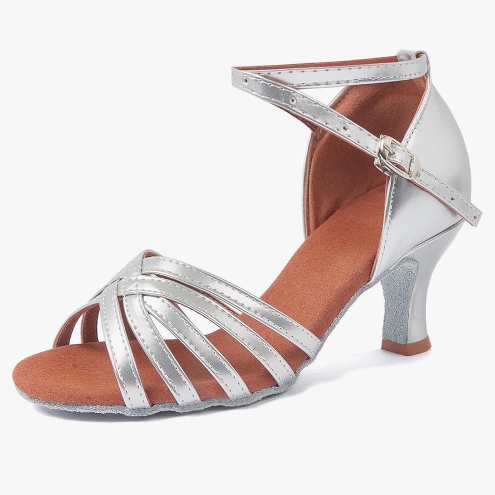 Silver Strappy Heels with Flared Heel